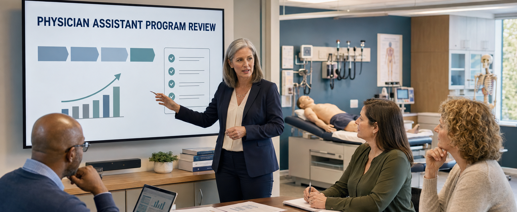 Physician assistant program faculty reviewing accreditation and assessment data